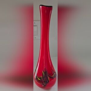 Vintage Hand Blown Red w/ Blue Yellow White Streaks Art Glass Vase 14.5‎ In.  #2